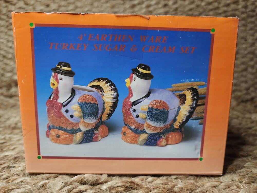 Vintage Ceramic Thanksgiving Turkey Cream & Sugar Set Fall 4" Earthen Ware